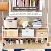 Lukzer Metal Garment Rack with Wheels & Double Bottom Storage Shelves (MGR-006/Pink)