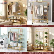 Lukzer Metal Garment Stand with 6 Shelves & Double Rods with Side Hooks & Wheels (MGS-008/Gold)