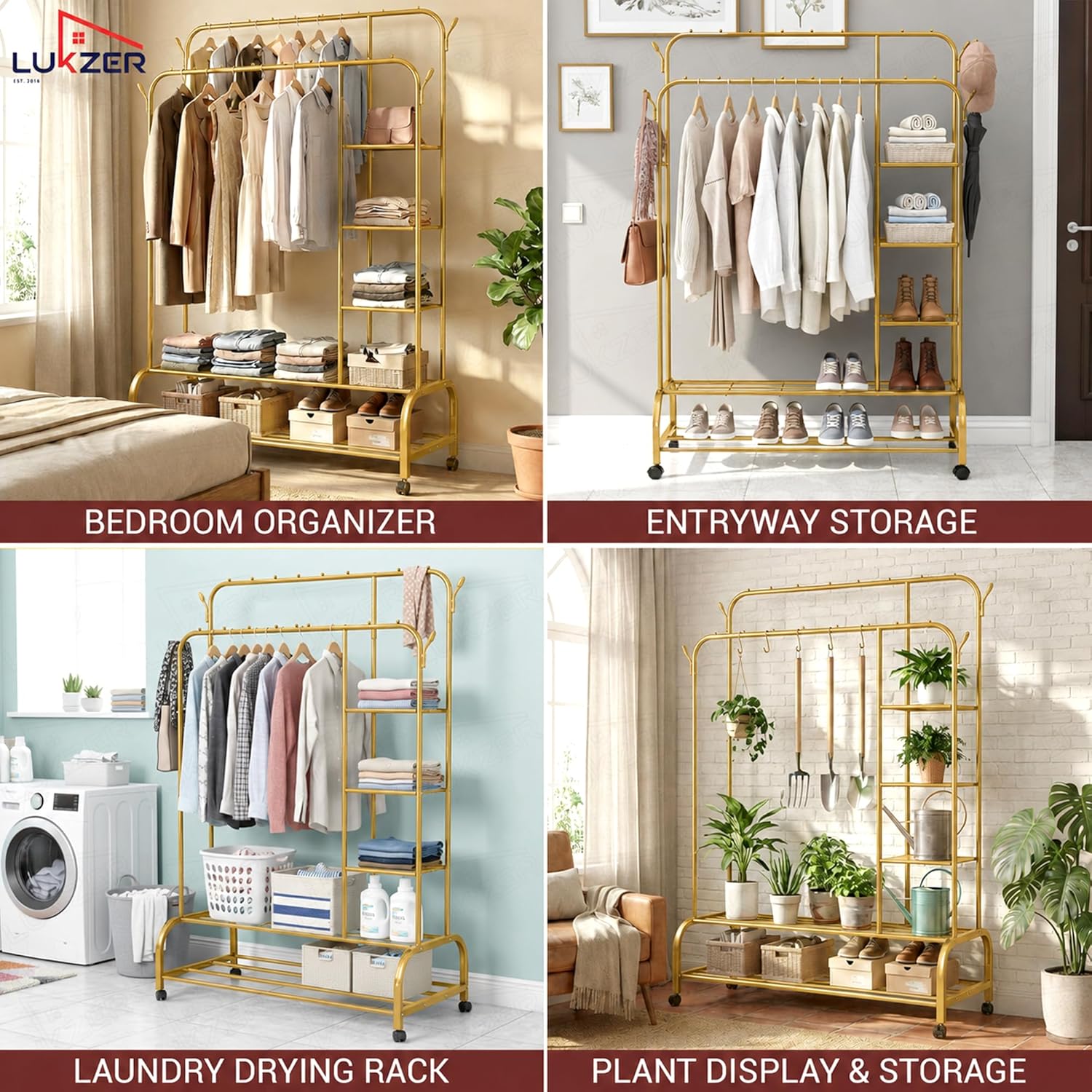 Lukzer Metal Garment Stand with 6 Shelves & Double Rods with Side Hooks & Wheels (MGS-008/Gold)