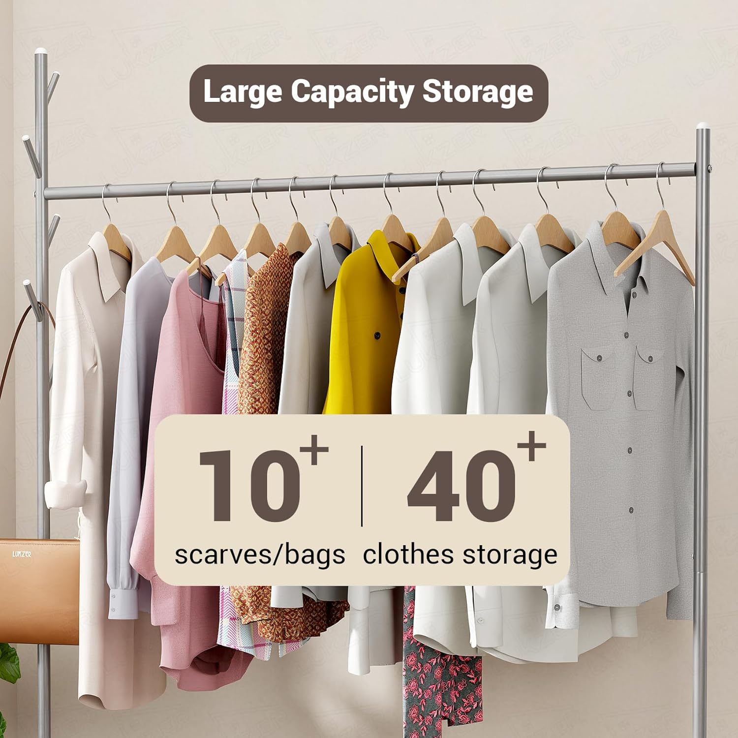Lukzer Metal Single Rod Clothes Hanging Stand with Double Shelf & Lockable Wheels (MGR-004/Grey)