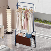 Lukzer Metal Clothes Rail Stand with Leather Storage Bin & Wheels (MGR-009/Deep Sea)