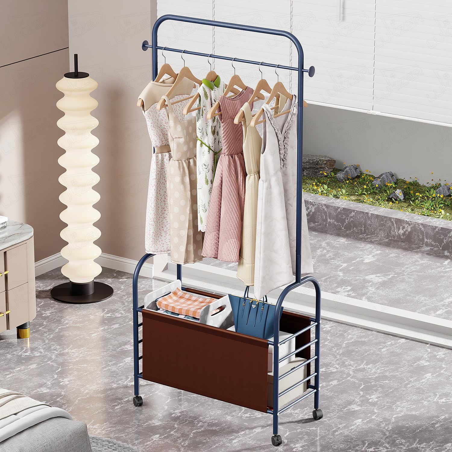 Lukzer Metal Clothes Rail Stand with Leather Storage Bin & Wheels (MGR-009/Deep Sea)