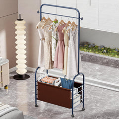 Lukzer Metal Clothes Rail Stand with Leather Storage Bin & Wheels (MGR-009/Deep Sea)