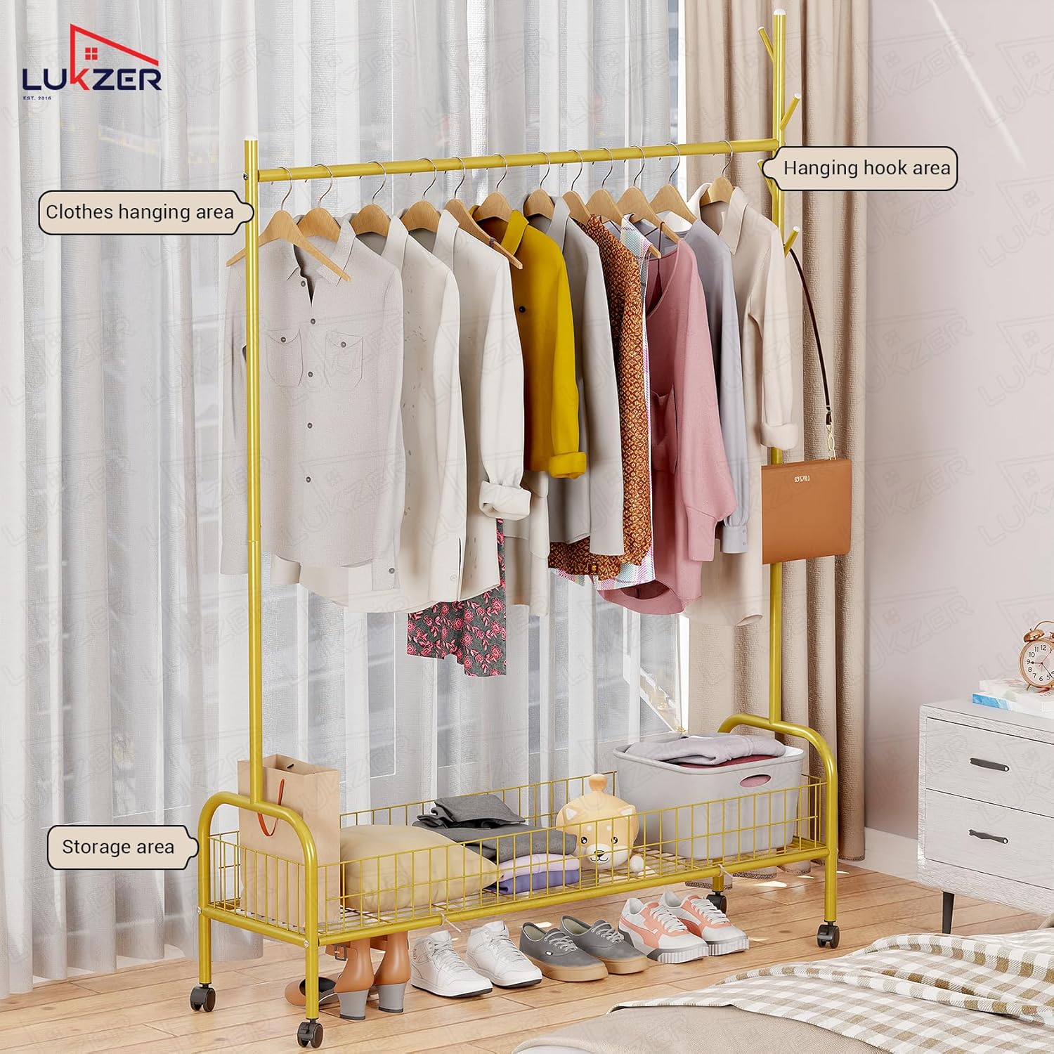 Lukzer Metal Single Rod Clothes Hanging Stand with Bottom Shelf & Lockable Wheels (MGR-003/Gold)