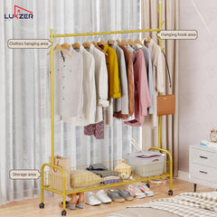 Lukzer Metal Single Rod Clothes Hanging Stand with Bottom Shelf & Lockable Wheels (MGR-003/Gold)