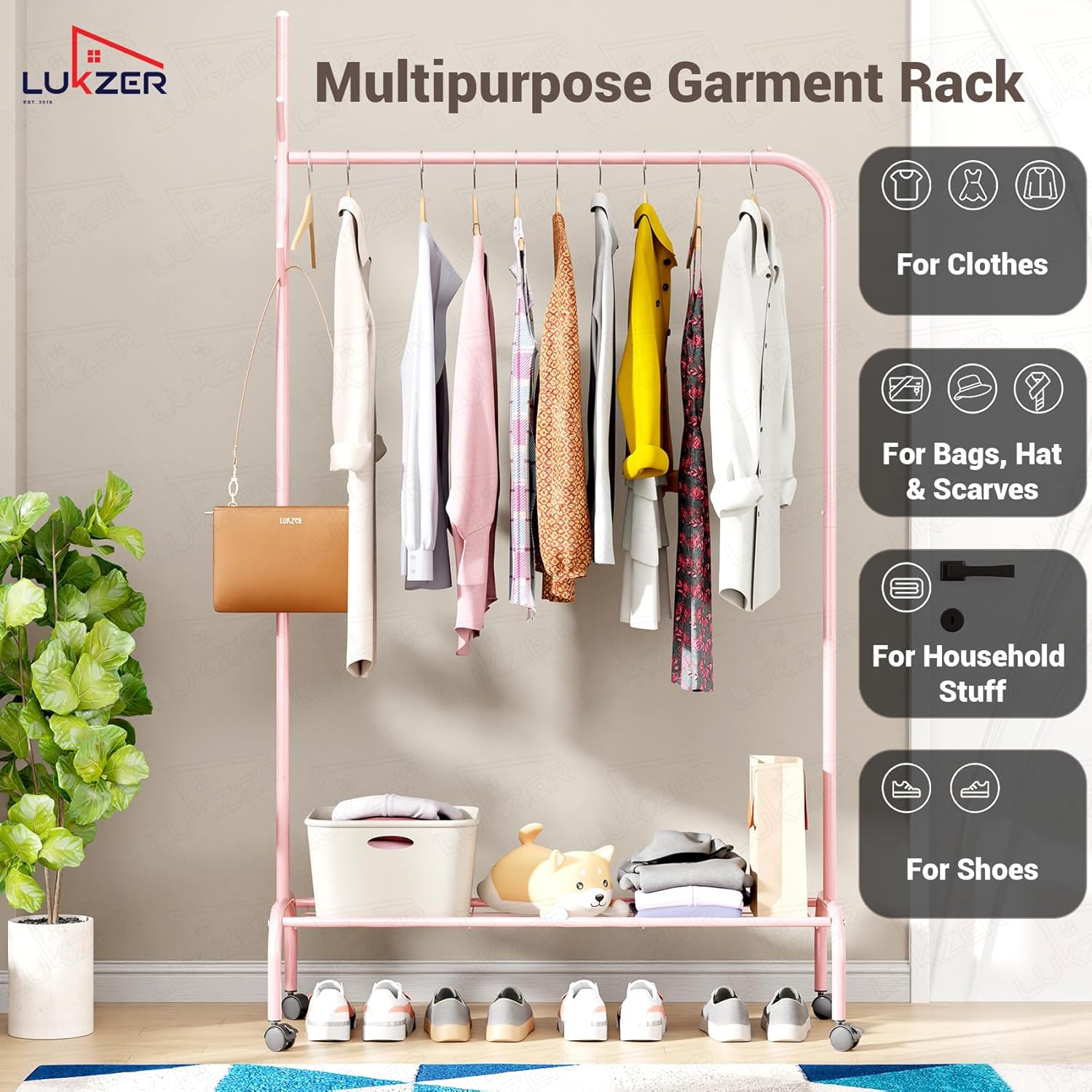 Lukzer Metal Garment Rack with Wheels & 1 Bottom Storage Shelf (MGR-005/Pink)