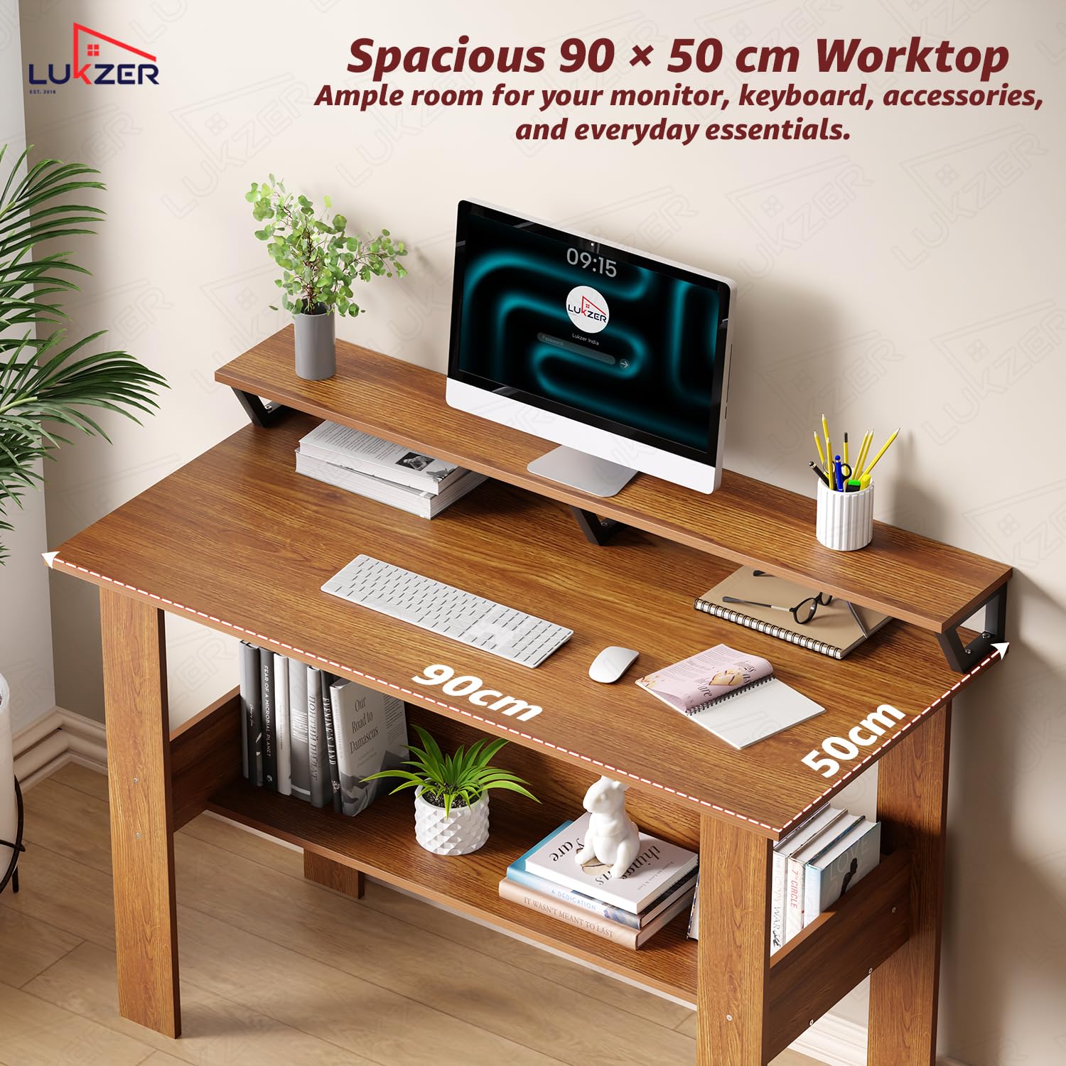 Lukzer Study Table with Monitor Riser & Open Book Shelf (MST-004/Oak Brown)