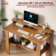 Lukzer Study Table with Monitor Riser & Open Book Shelf (MST-004/Oak Brown)