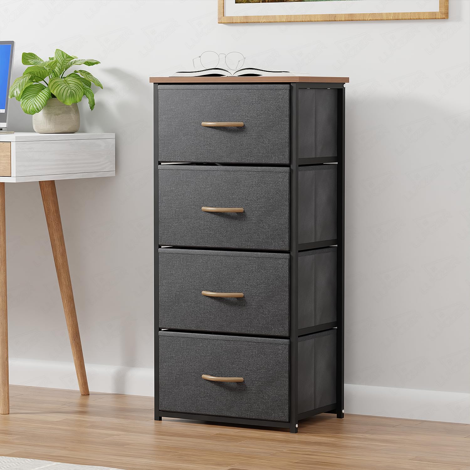 Lukzer 4-Drawer Fabric Storage Organizer for Closet (MMR-002/Black & Oak Brown)