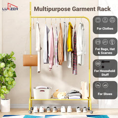 Lukzer Metal Garment Rack with Wheels & 1 Bottom Storage Shelf (MGR-005/Gold)