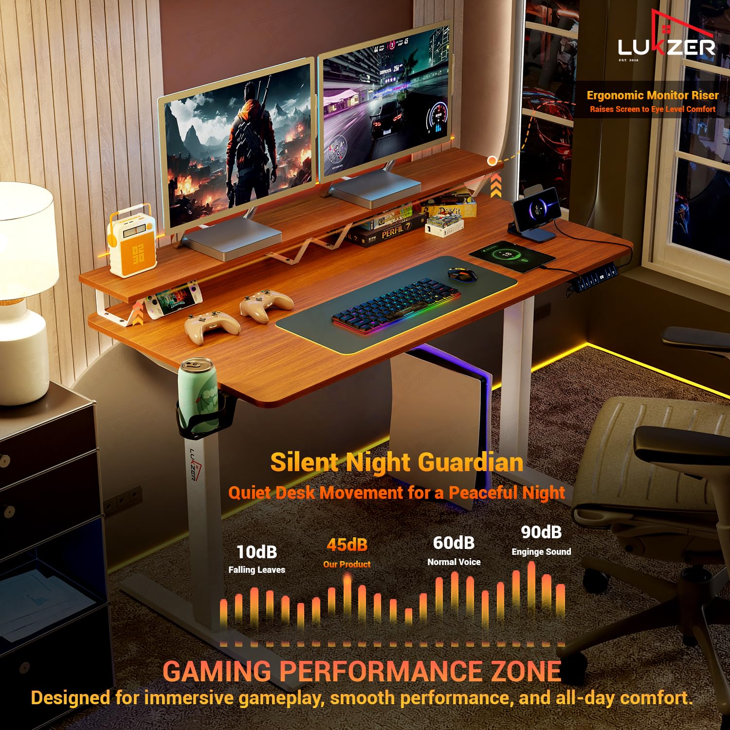 Lukzer Electric Height Adjustable Desk with Monitor Riser USB & Type-C Sit-Stand Table (EST-004-UC/White & Oak Brown) 3-Years Warranty