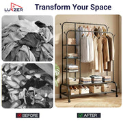 Lukzer Metal Garment Stand with 6 Shelves & Double Rods with Side Hooks & Wheels (MGS-008/Black)