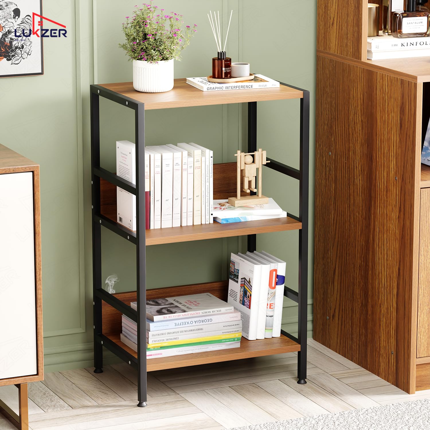 Lukzer 3-Tier Wooden Bedside Table for Bedroom & Multipurpose Open Storage Shelf (MMR-006-Black & Oak Brown)