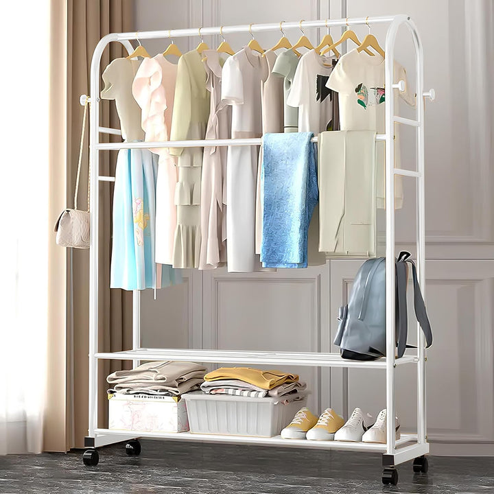 Lukzer Curved Metal Garment Stand with 2 Bottom Storage Shelves (CH-033/White)