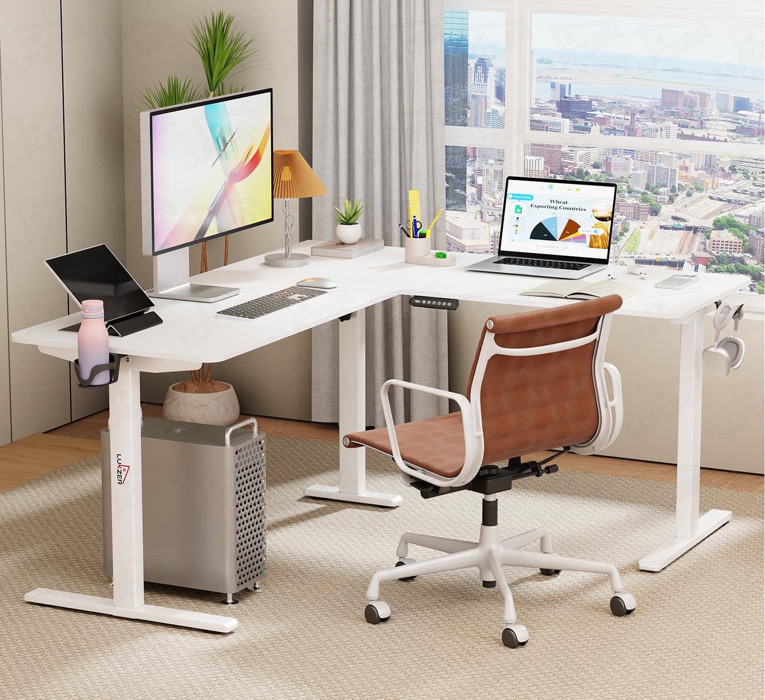 Lukzer L-Shape Electric Height Adjustable Study Desk (EST-001/White & White) 3-Years Warranty