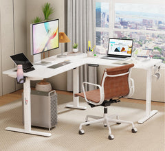 Lukzer L-Shape Electric Height Adjustable Study Desk (EST-001/White & White) 3-Years Warranty