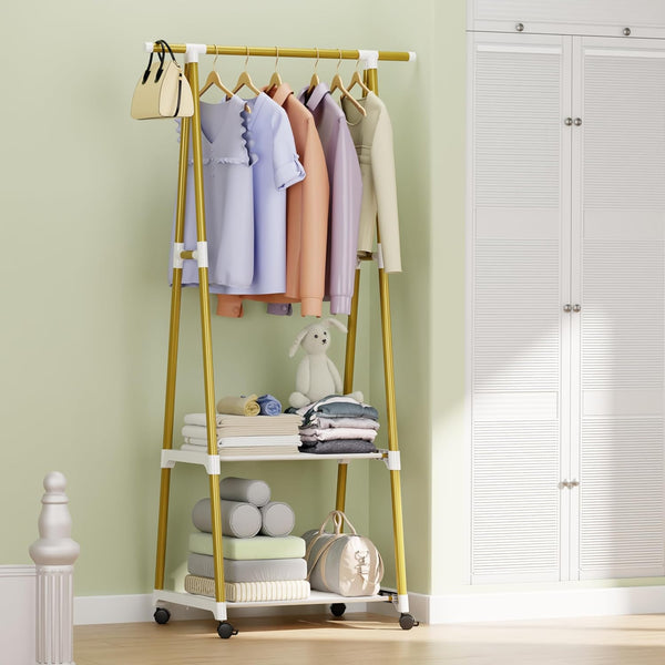Lukzer A-Shaped Metal Garment Stand with Dual Storage Shelves & Wheels (MGR-010/Gold)