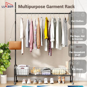 Lukzer Metal Single Rod Clothes Hanging Stand with Bottom Shelf & Lockable Wheels (MGR-003/Black)