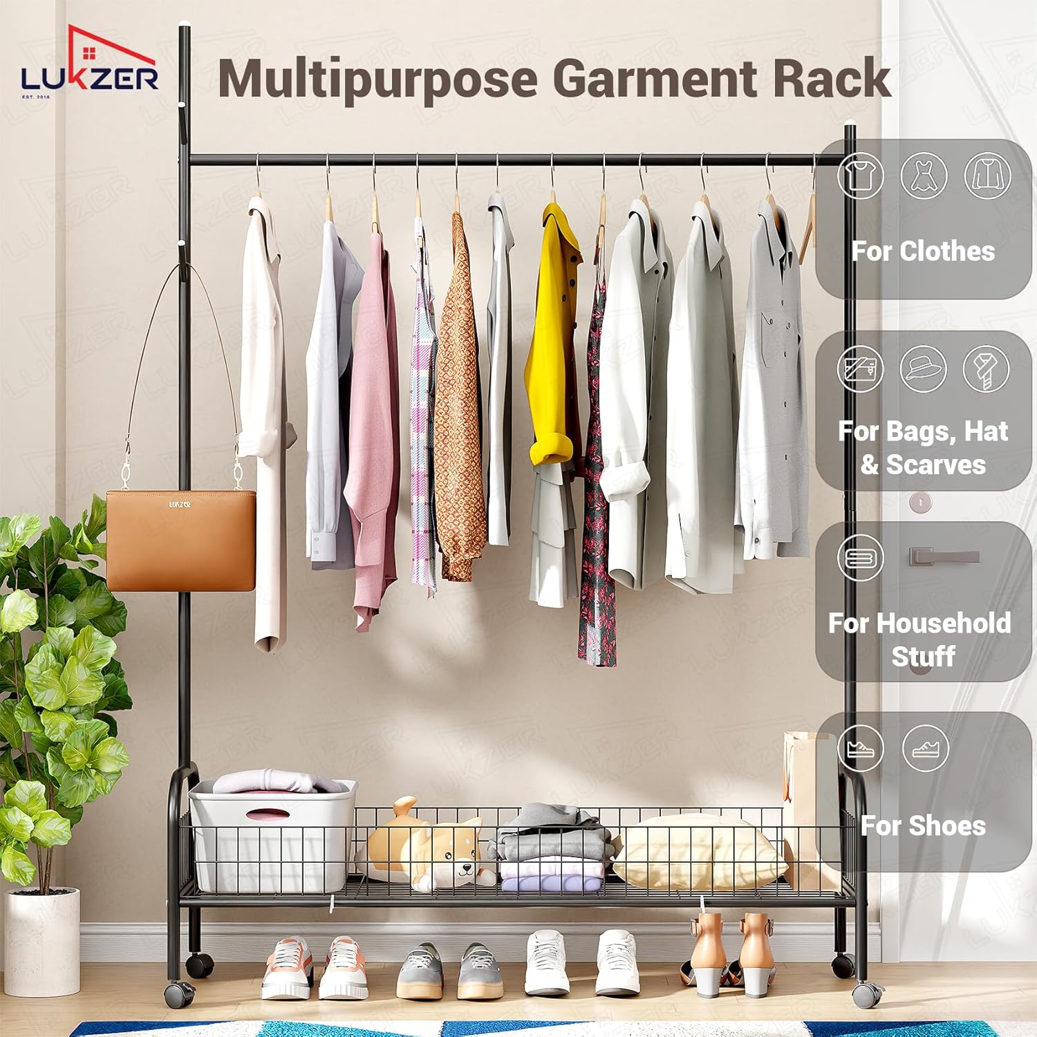 Lukzer Metal Single Rod Clothes Hanging Stand with Bottom Shelf & Lockable Wheels (MGR-003/Black)