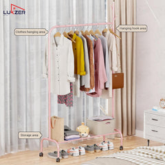 Lukzer Metal Garment Rack with Wheels & 1 Bottom Storage Shelf (MGR-005/Pink)
