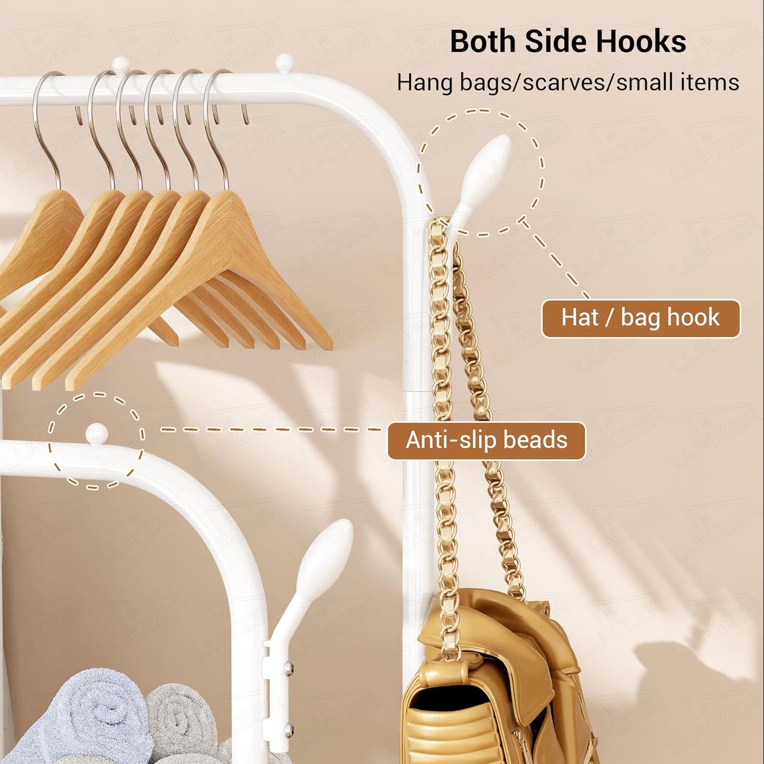 Lukzer Metal Garment Stand with 6 Shelves & Double Rods with Side Hooks & Wheels (MGS-008/White)