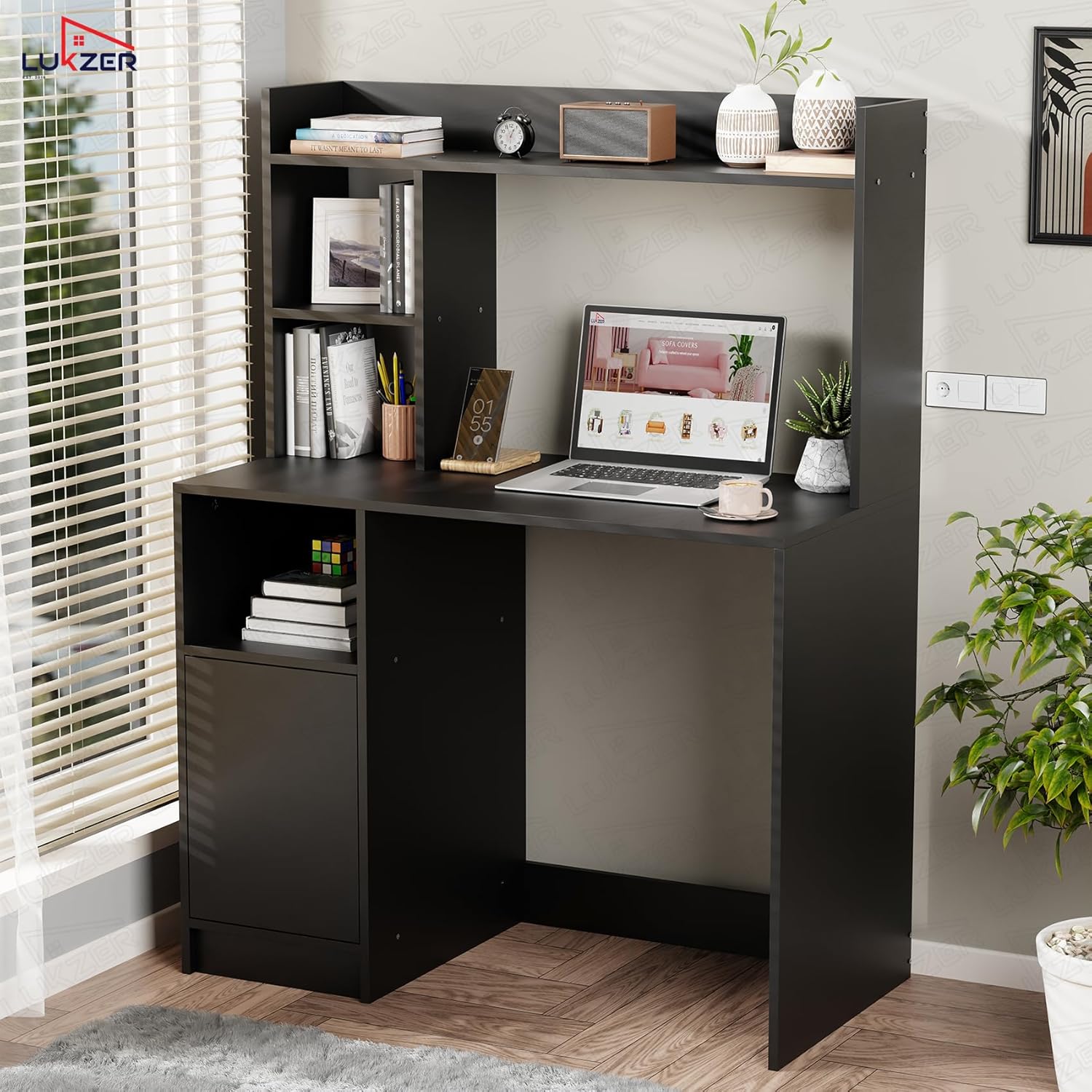 Lukzer Engineered Wood Office Desk & Study Table with Bookshelf & Cabinet (ST-009/Black)