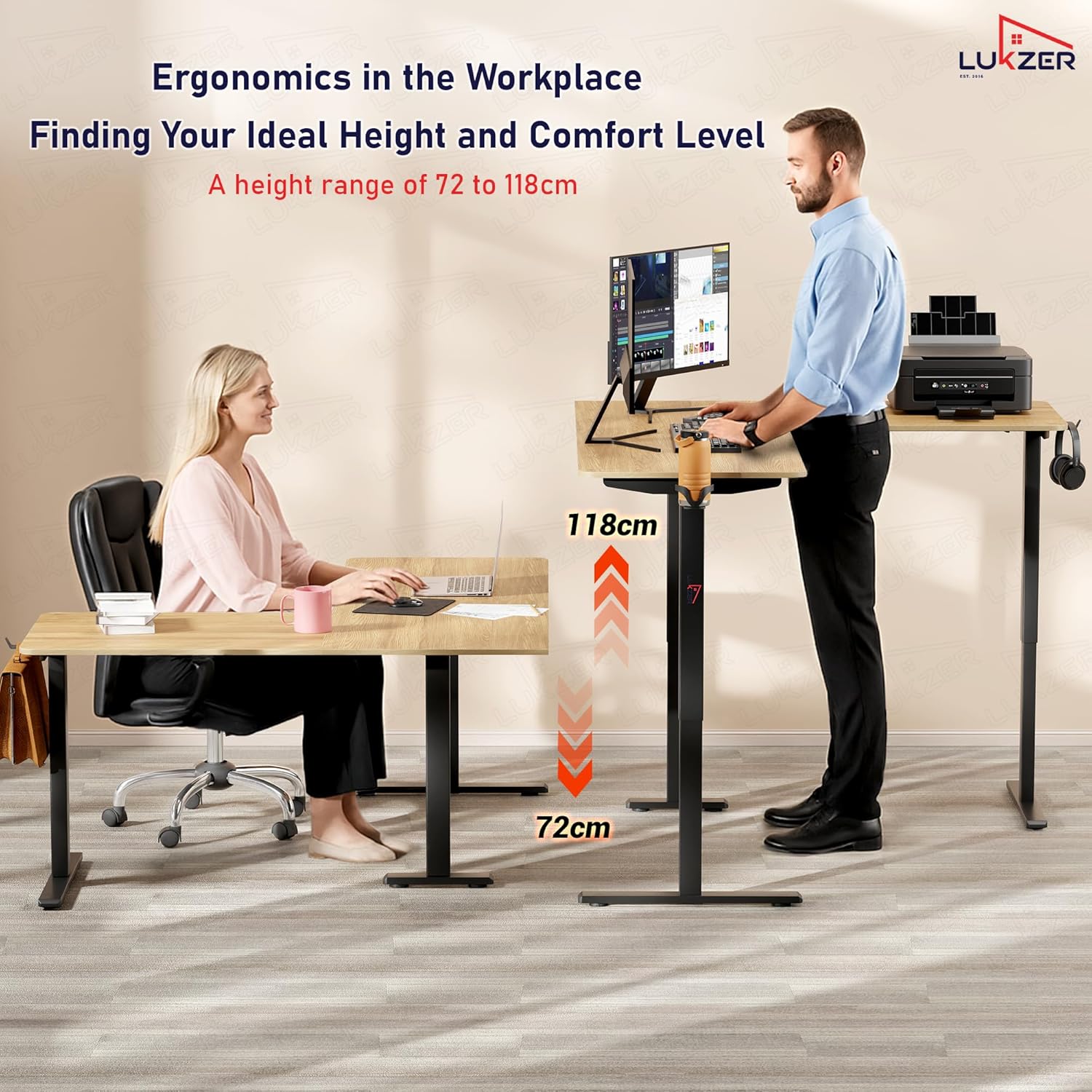 Lukzer L-Shape Electric Height Adjustable Study Desk (EST-001/Black & Oak Light)