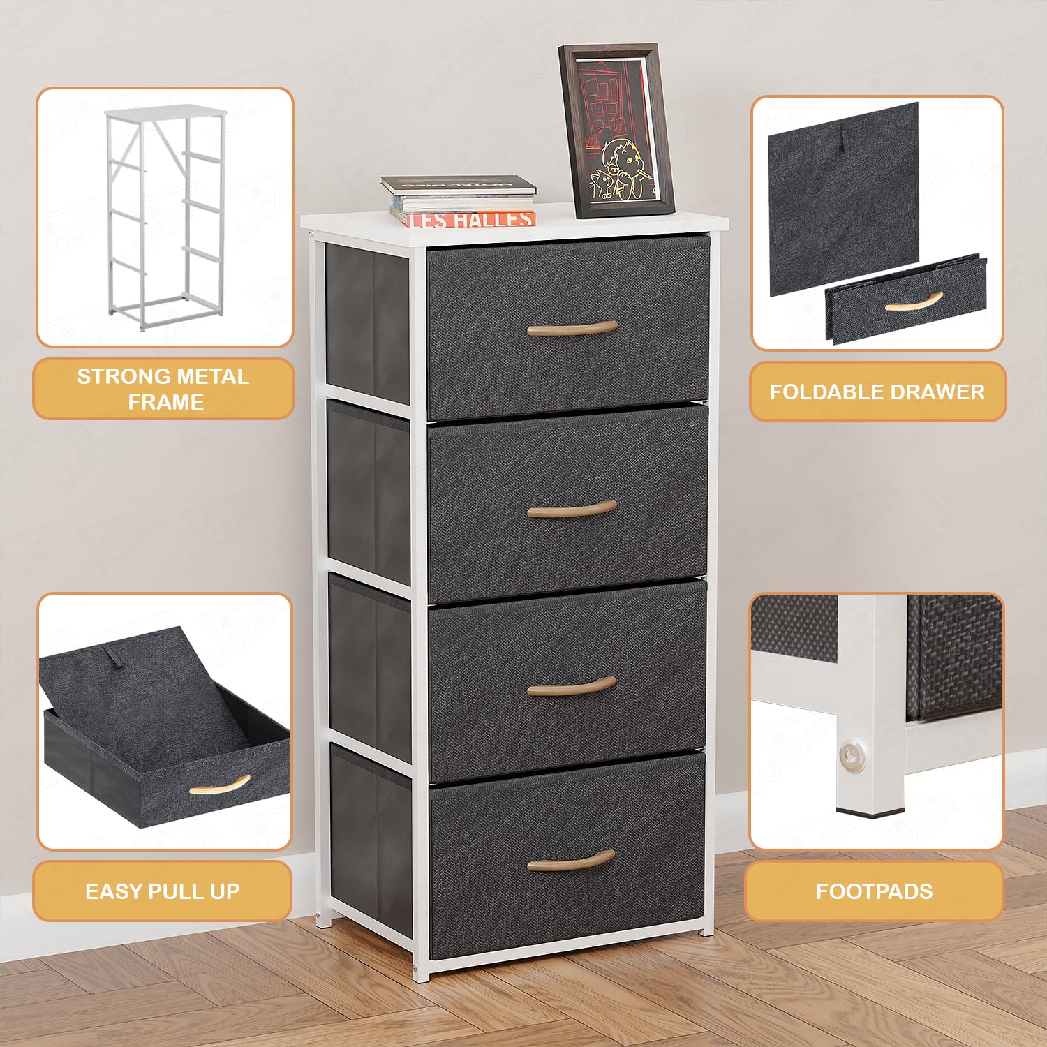Lukzer 4-Drawer Fabric Storage Organizer for Closet (MMR-002/White & White)