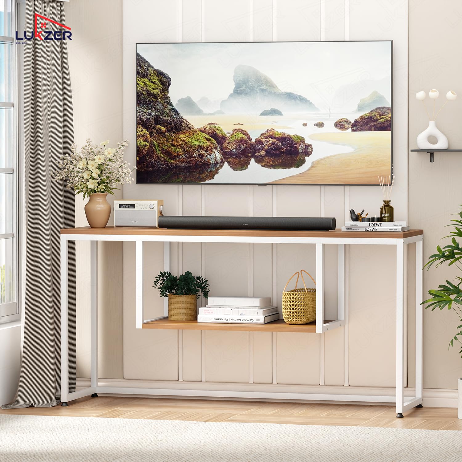 Lukzer TV Unit Stand for TVs up to 43 Inch Engineered Wood with Metal (MTU-002/White & Oak Brown)