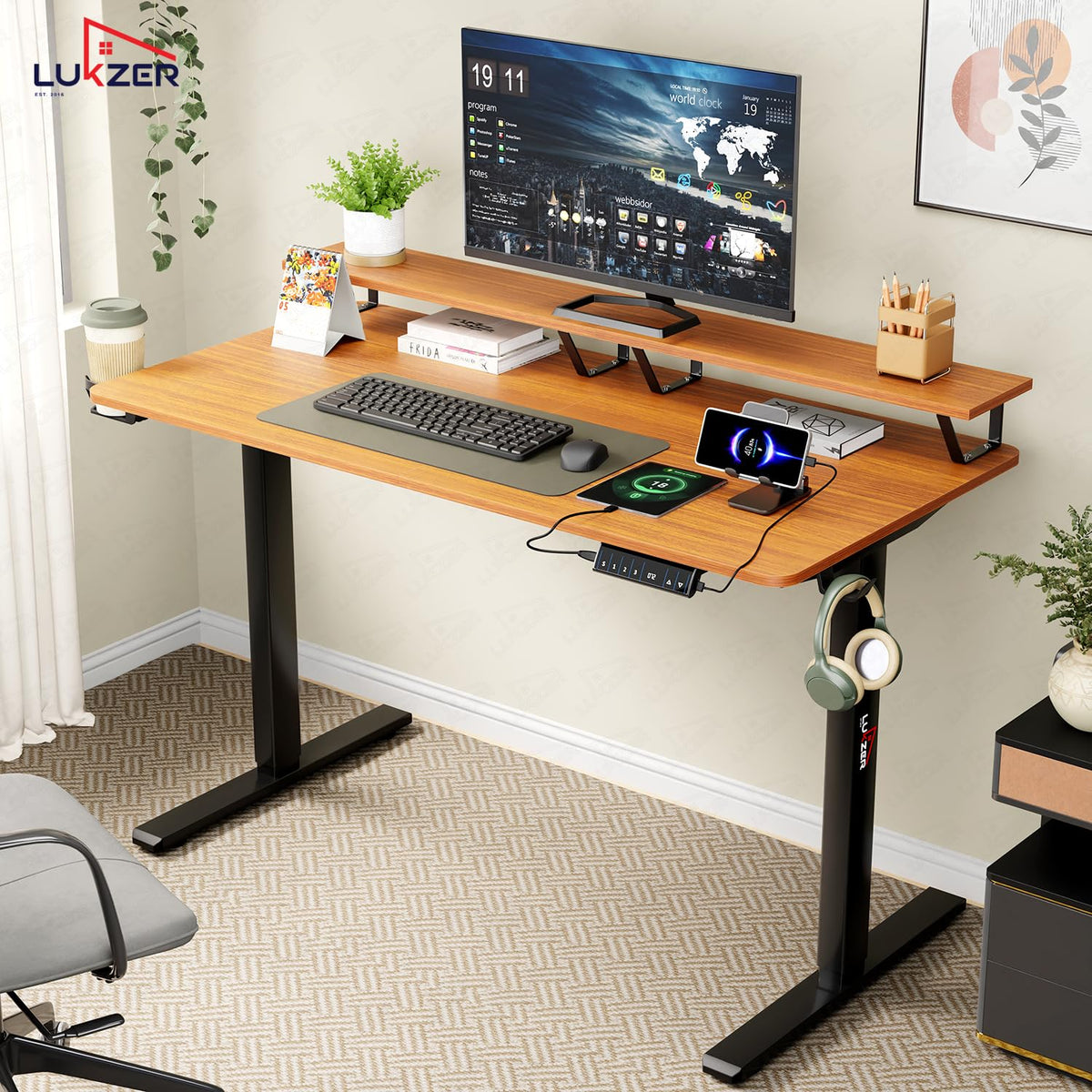 Lukzer Electric Height Adjustable Desk with Monitor Riser USB & Type-C Sit-Stand Table (EST-004-UC/Black & Oak Brown) 3-Years Warranty