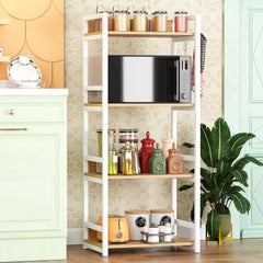 Lukzer 4-Tier Multipurpose Metal & Wood Kitchen Storage Rack (MKR-004/Oak Light with White)