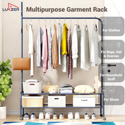 Lukzer Single Pole Portable Metal Garment Rack with 2 Bottom Shelves (MGR-008/Deep Sea)