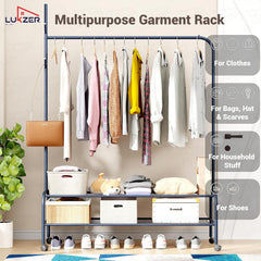 Lukzer Single Pole Portable Metal Garment Rack with 2 Bottom Shelves (MGR-008/Deep Sea)