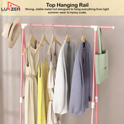 Lukzer A-Shaped Metal Garment Stand with Dual Storage Shelves & Wheels (MGR-010/Pink)