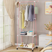 Lukzer A-Shaped Metal Garment Stand with Dual Storage Shelves & Wheels (MGR-010/Pink)