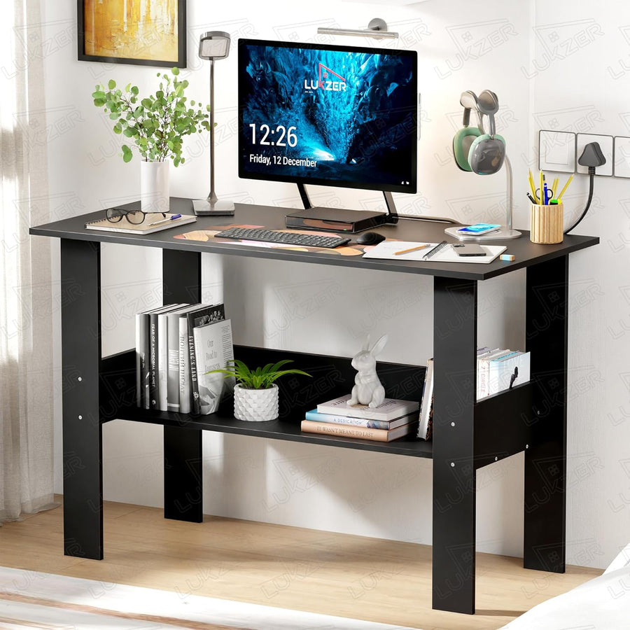 Lukzer Engineered Wood Modern Computer Desk with Bookshelf Study Table (ST-004/Black)