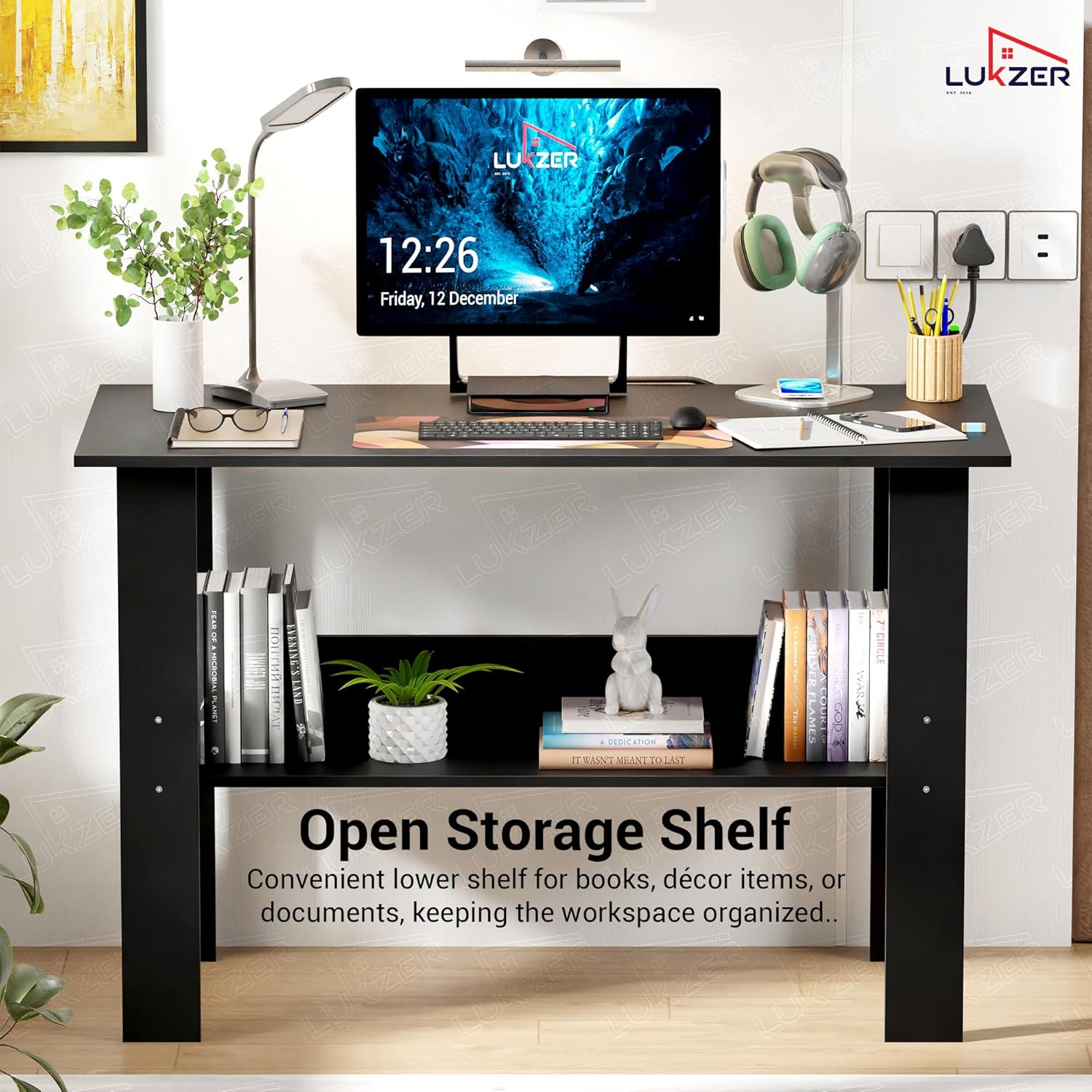 Lukzer Engineered Wood Modern Computer Desk with Bookshelf Study Table (ST-004/Black)