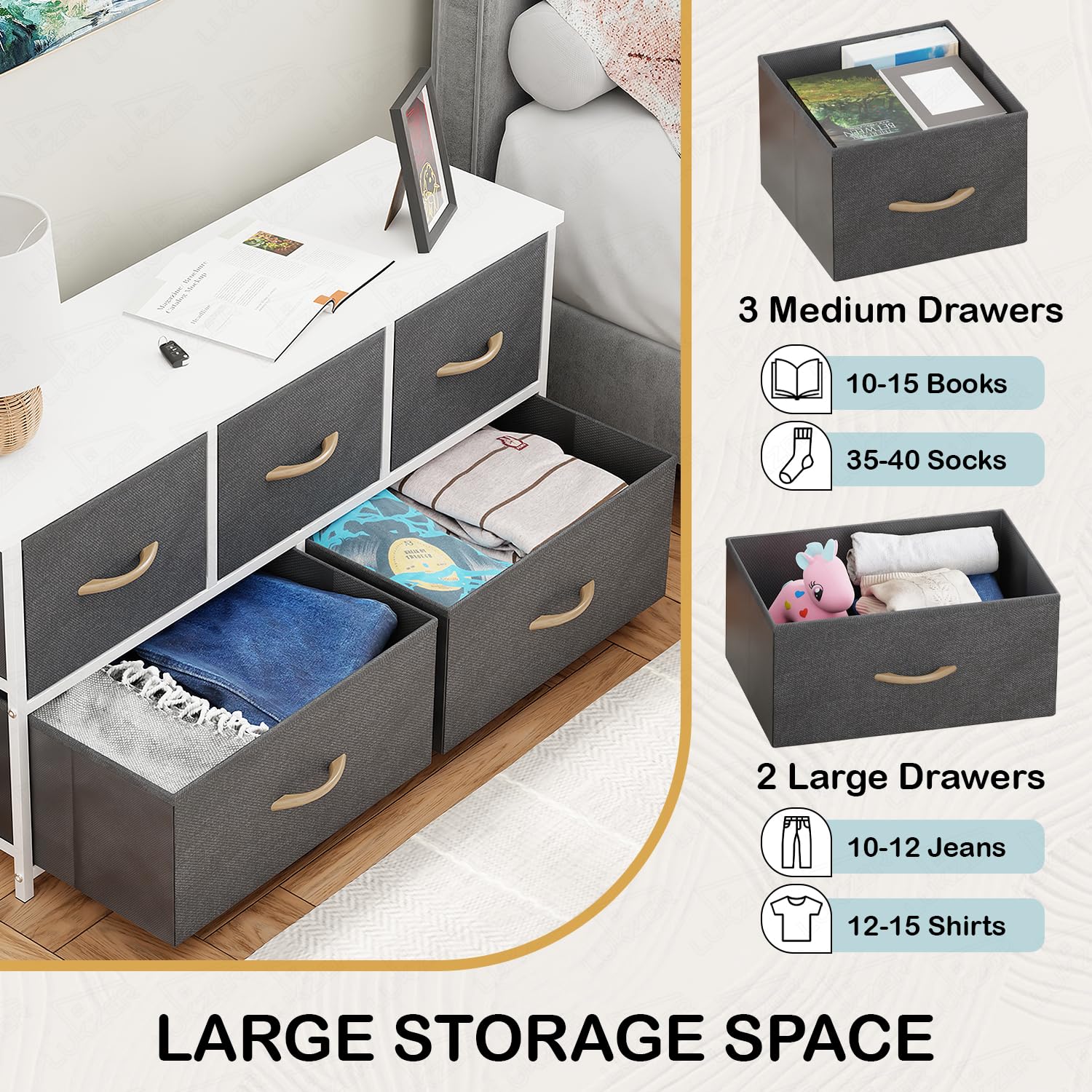Lukzer 5-Drawer Fabric Storage Organizer for Closet (MMR-003/White & White)