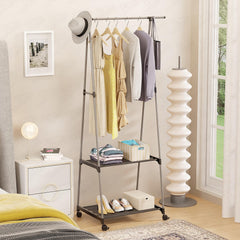 Lukzer A-Shaped Metal Garment Stand with Dual Storage Shelves & Wheels (MGR-010/Grey)