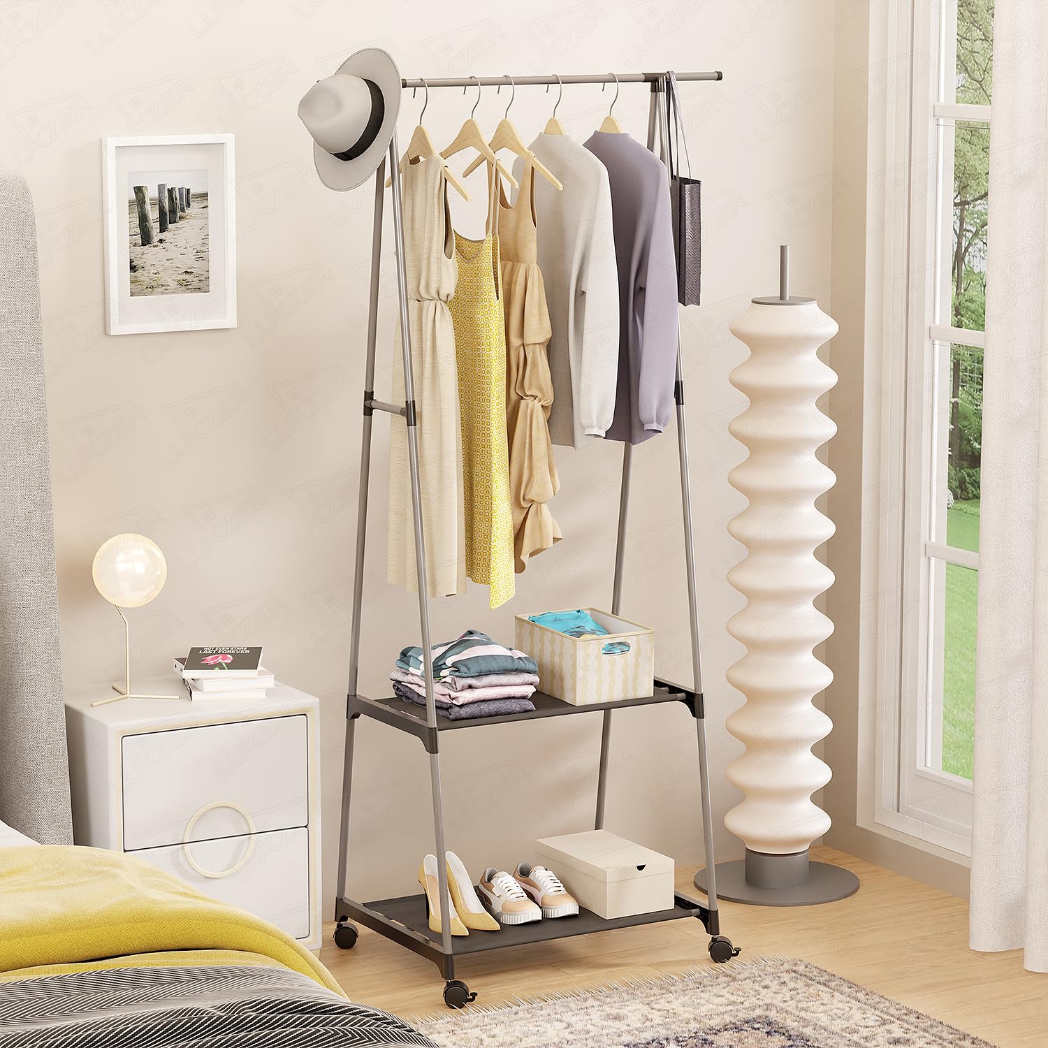 Lukzer A-Shaped Metal Garment Stand with Dual Storage Shelves & Wheels (MGR-010/Grey)