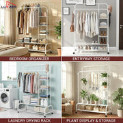 Lukzer Metal Garment Stand with 6 Shelves & Double Rods with Side Hooks & Wheels (MGS-008/White)