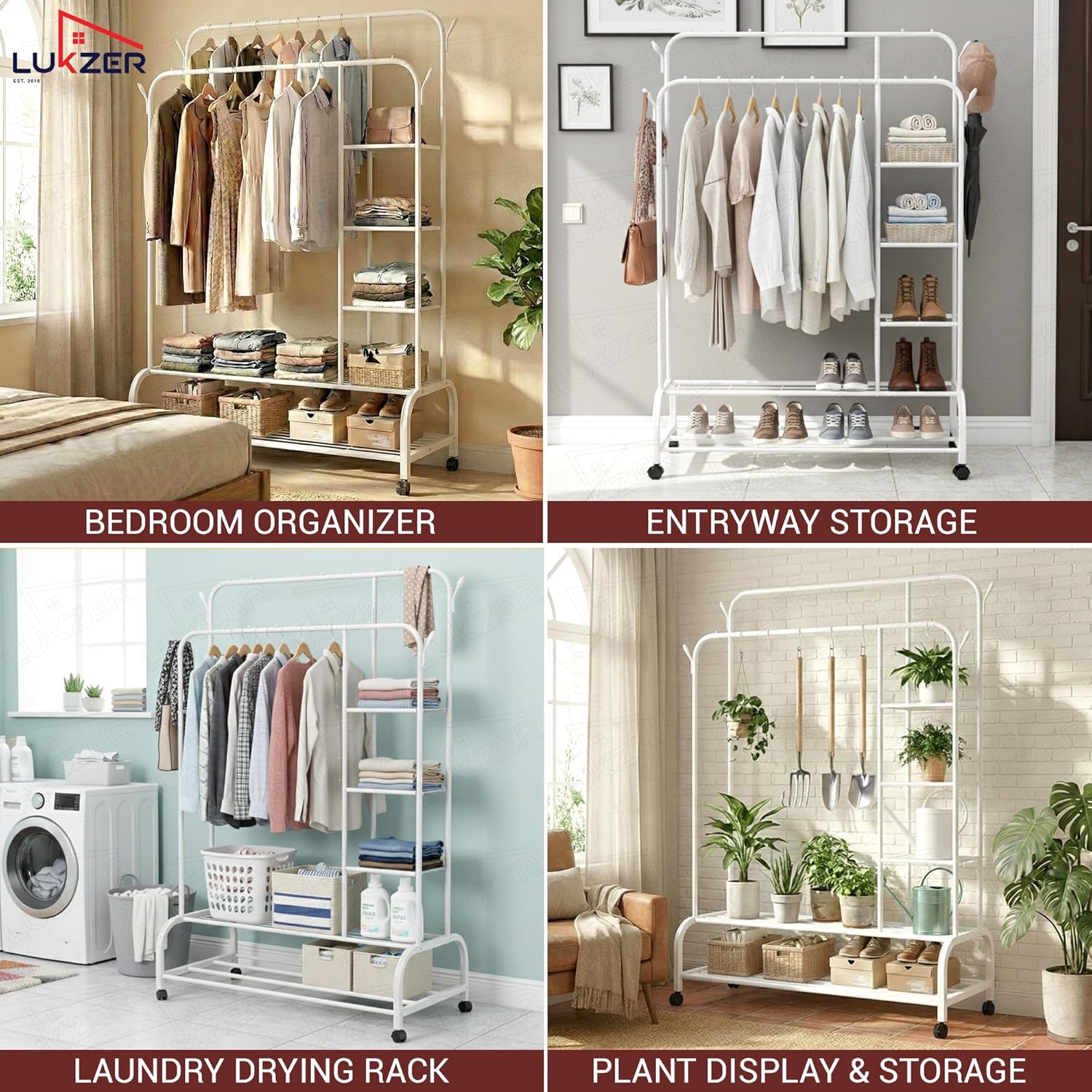 Lukzer Metal Garment Stand with 6 Shelves & Double Rods with Side Hooks & Wheels (MGS-008/White)