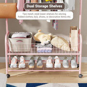 Lukzer Heavy-Duty Portable Metal Clothes Rack with Double Rod & Bottom Shelf (MGR-002/Pink)