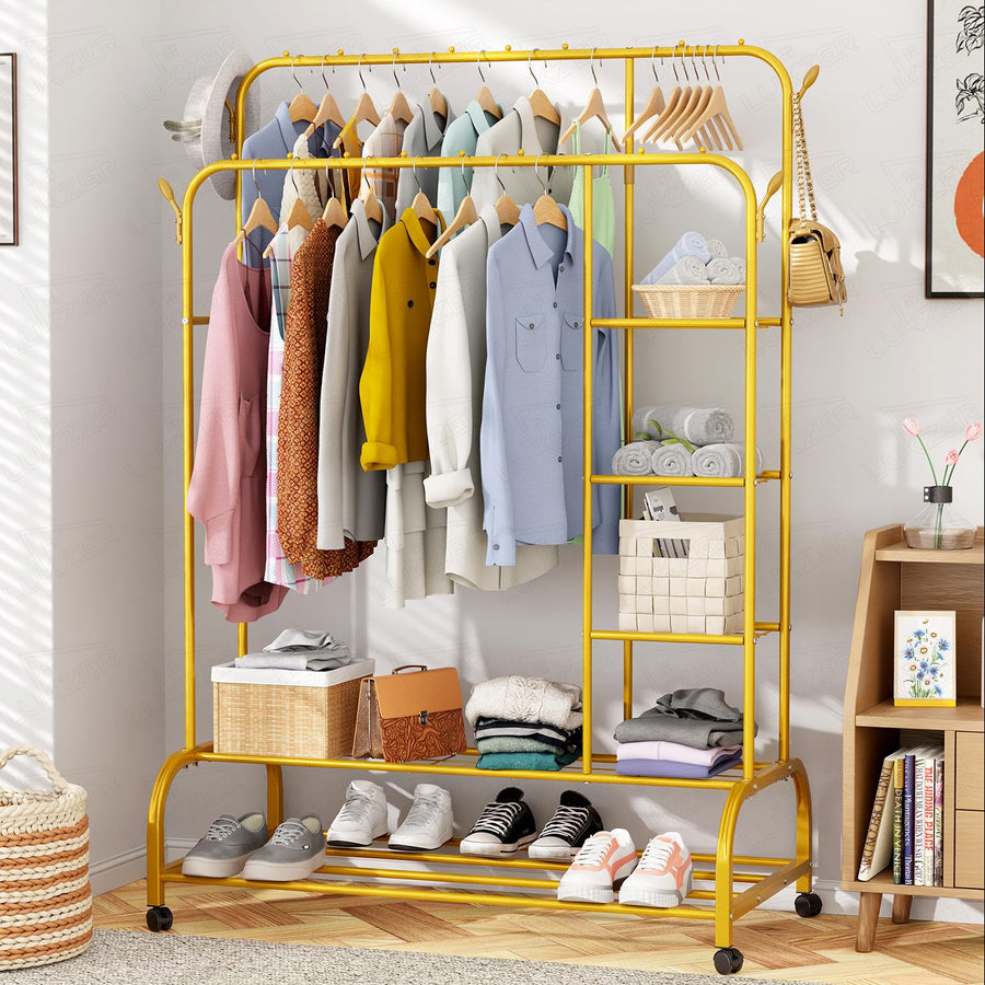 Lukzer Metal Garment Stand with 6 Shelves & Double Rods with Side Hooks & Wheels (MGS-008/Gold)