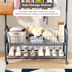 Lukzer Heavy-Duty Portable Metal Clothes Rack with Double Rod & Bottom Shelf (MGR-002/Deep Sea)