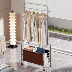Lukzer Metal Clothes Rail Stand with Leather Storage Bin & Wheels (MGR-009/Grey)