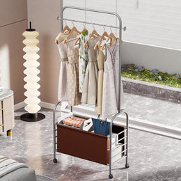 Lukzer Metal Clothes Rail Stand with Leather Storage Bin & Wheels (MGR-009/Grey)
