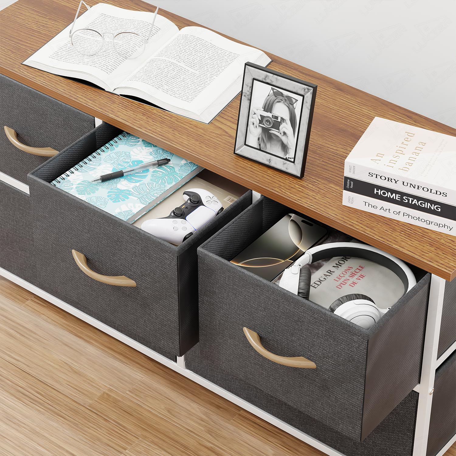 Lukzer 5-Drawer Fabric Storage Organizer for Closet (MMR-003/White & Oak Brown)