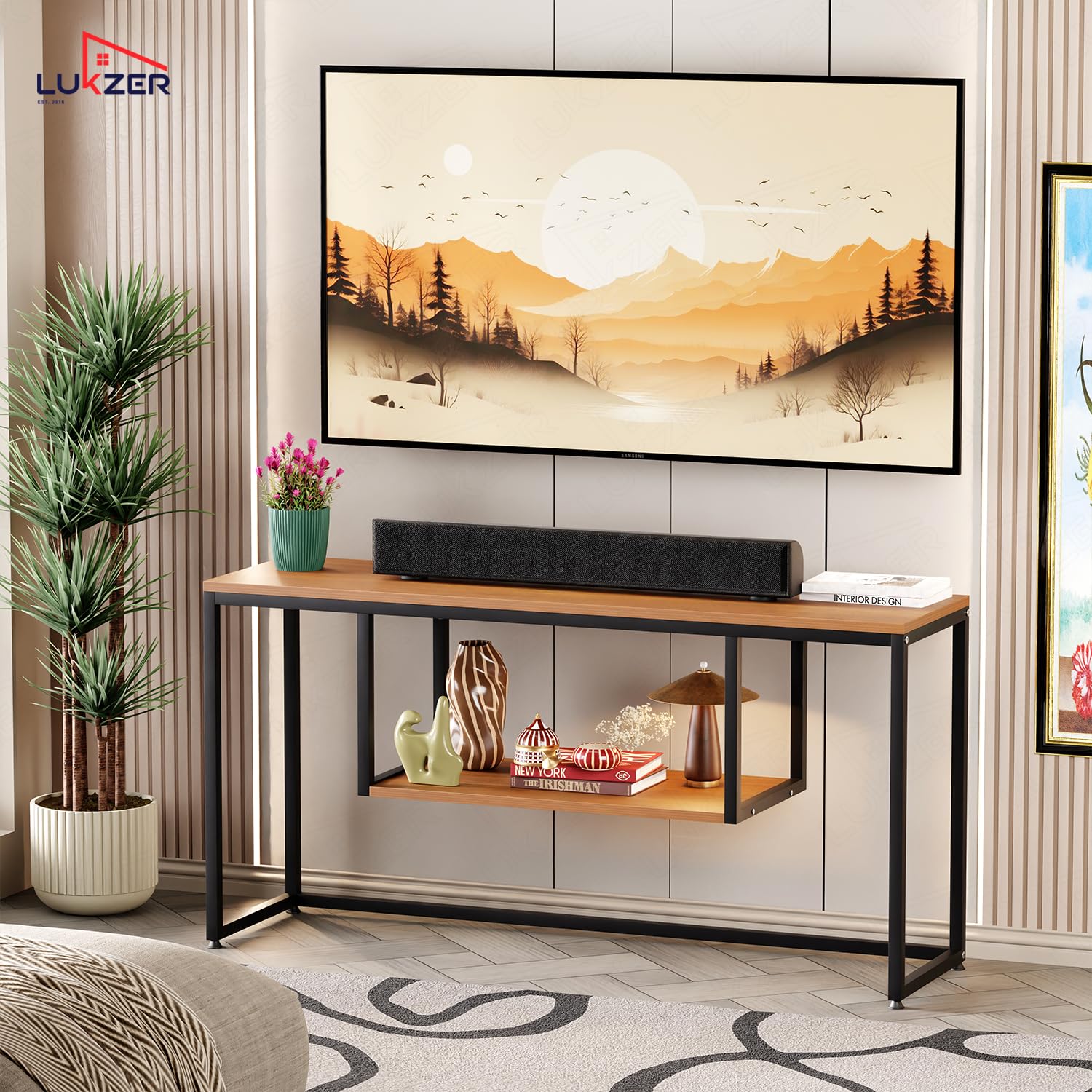 Lukzer TV Unit Stand for TVs up to 43 Inch Engineered Wood with Metal (MTU-002/Black & Oak Brown)