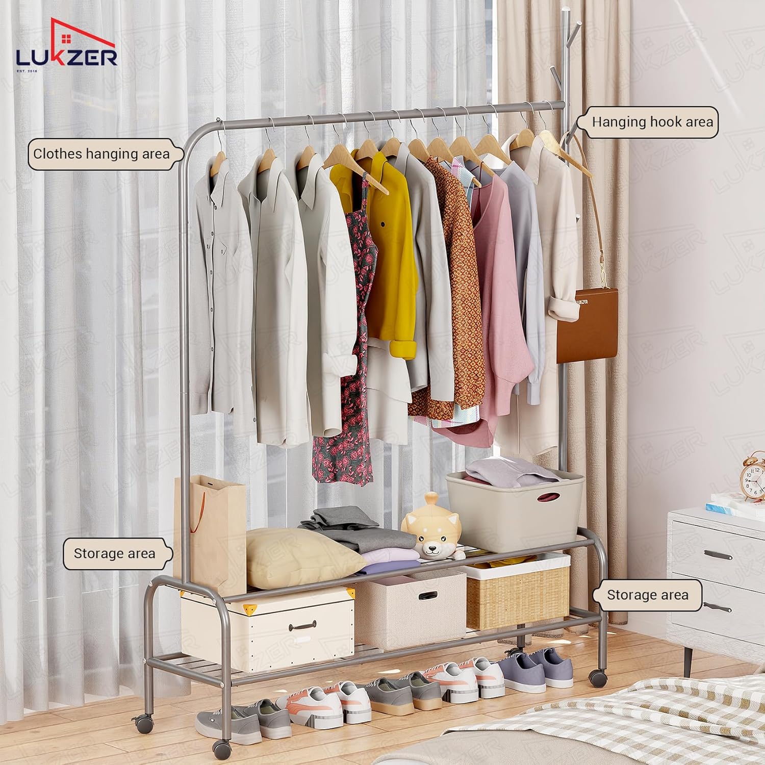 Lukzer Single Pole Portable Metal Garment Rack with 2 Bottom Shelves (MGR-008/Grey)